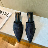 LBSFY  - Denim Women Slippers Black/Blue Shallow Slip On Mules Shoes Pointed Toe Round Mid Heels Party Pumps Casual Ladies Pumps Size 39